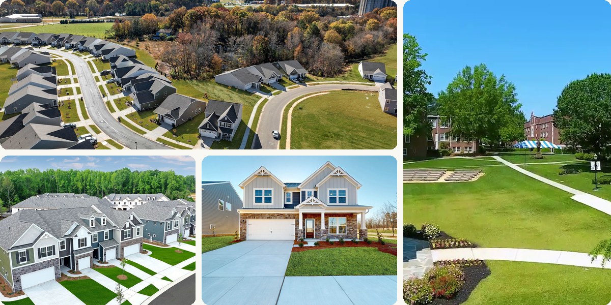 Real photos of Wingate, NC — aerial neighborhood view, new homes, and Wingate University campus