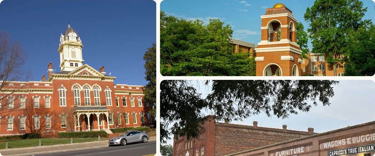 Real photos of Union County — Monroe courthouse, Wingate University bell tower, and downtown Waxhaw