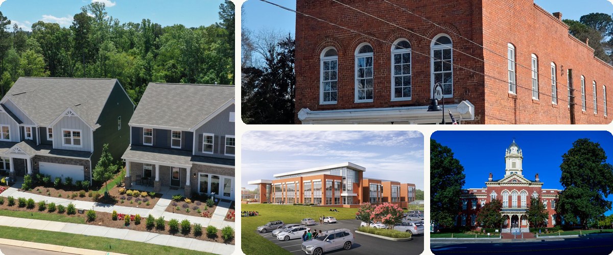 Real photos of Union County neighborhoods — new construction, historic downtown, Wingate University
